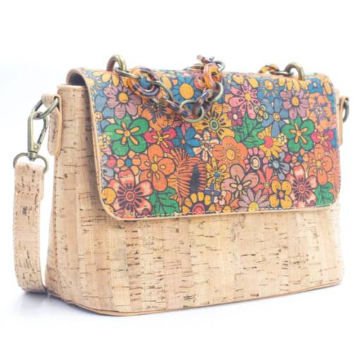 Foto - Korková crossbody kabelka s řetízkovým popruhem - Pestrobarevné květiny